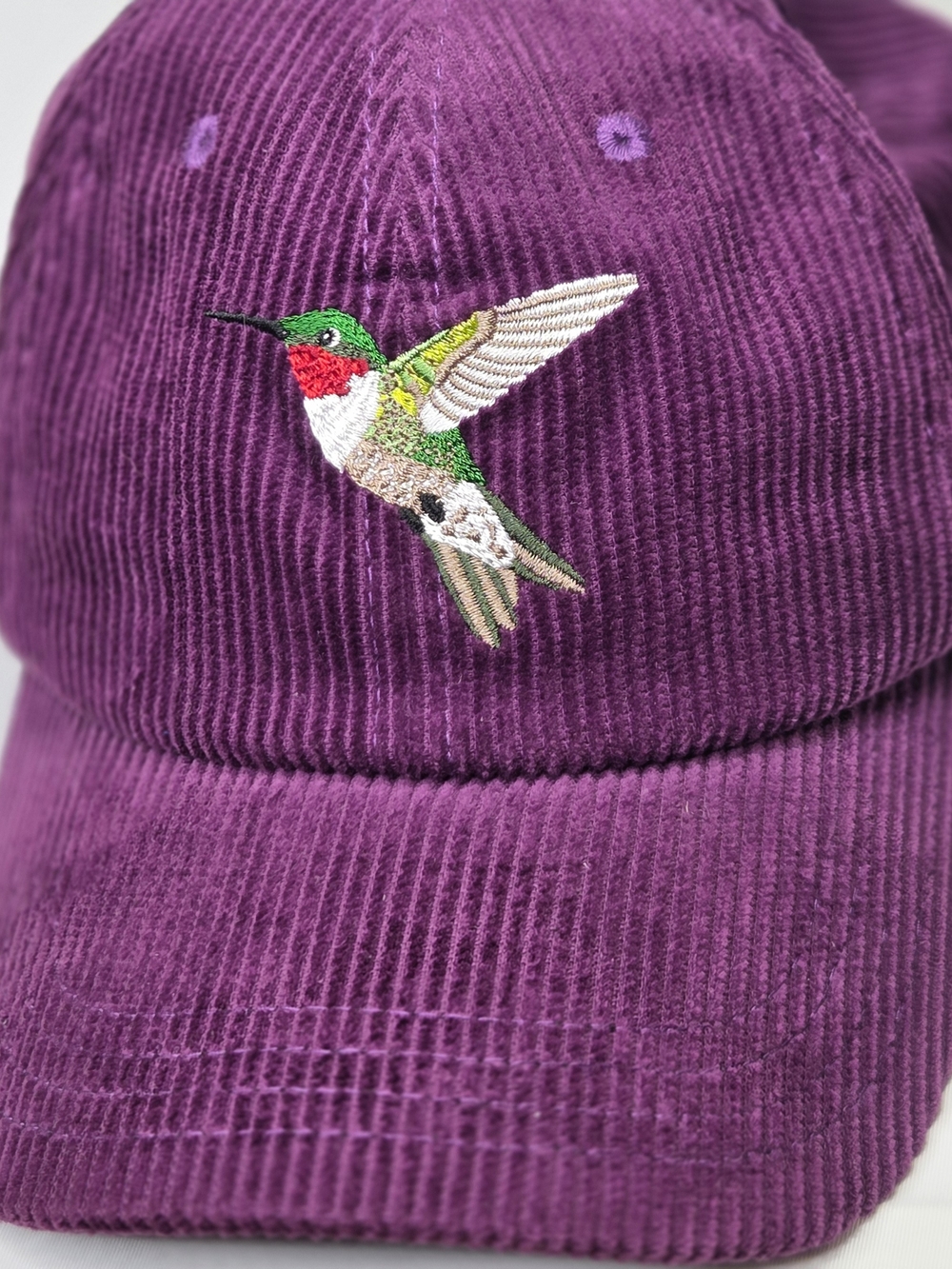 Bird Collective 100% Cotton Purple Corduroy Cap W/ Embroidered Hummingbird Hat